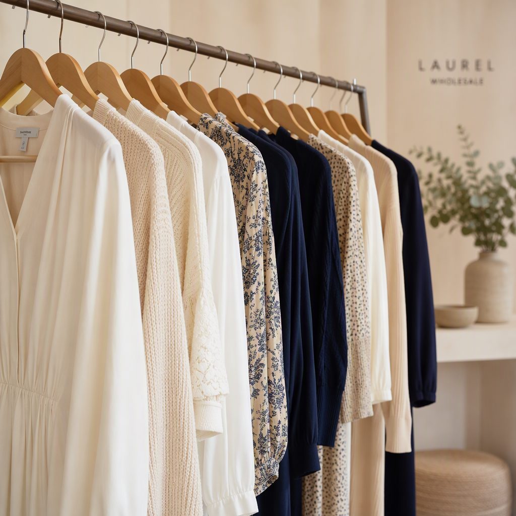Rack of women's apparel in neutral tones