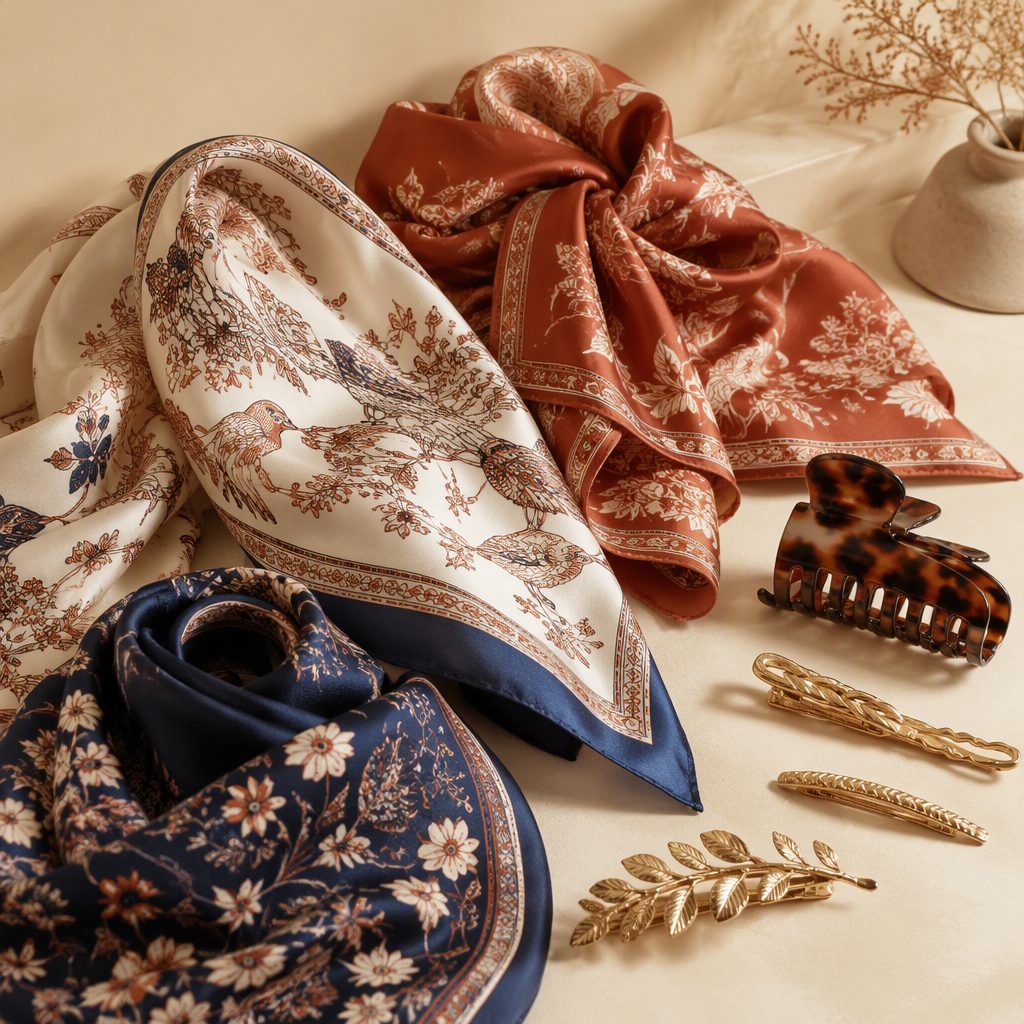 Silk scarves and hair clips
